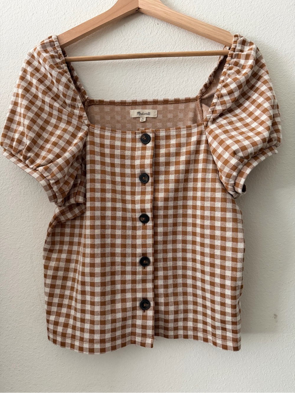 Madewell Brown and White Gingham Button-Front Puff Sleeve Blouse